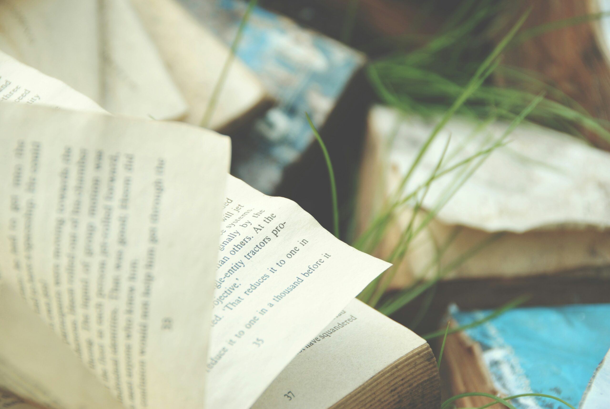 Libros abiertos rodeados de hierba verde.