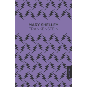 Portada del libro Frankenstein de Mary Shelley, edición de Austral con diseño de rayos negros sobre fondo morado.